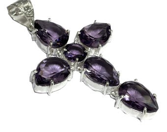 Ciondolo a croce in ametista viola, collana a strati con croce in argento sterling 925, croce con gemma di ametista, gioiello regalo per lei