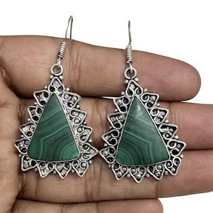 Malachite Gemstone Earrings, 925 Sterling Silver Natural Green Malachite Handmade Earrings, Birthday Gifts For Women, Jewelry Gift For Her