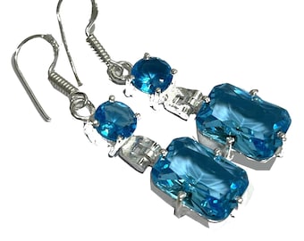 Swiss Blue Topaz Earrings 925 Sterling Silver Earrings Beautiful Faceted Swiss Topaz Gemstone Earrings Handmade Stone Earrings Gift For Her