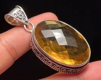 Faceted Citrine 925 Sterling Silver Pendant - Vintage Style