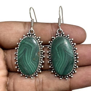 Malachite Gemstone Earrings, 925 Sterling Silver Natural Green Malachite Handmade Earrings, Birthday Gifts For Women, Jewelry Gift For Her