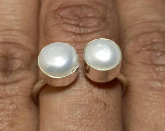 natuurlijke witte parel ring, parel zilveren ring, verstelbare ring, 925 zilveren ring, dubbele stenen ring, zoetwater parel ring, ring voor vrouwen, parel ring