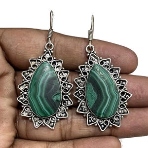 Malachite Gemstone Earrings, 925 Sterling Silver Natural Green Malachite Handmade Earrings, Birthday Gifts For Women, Jewelry Gift For Her