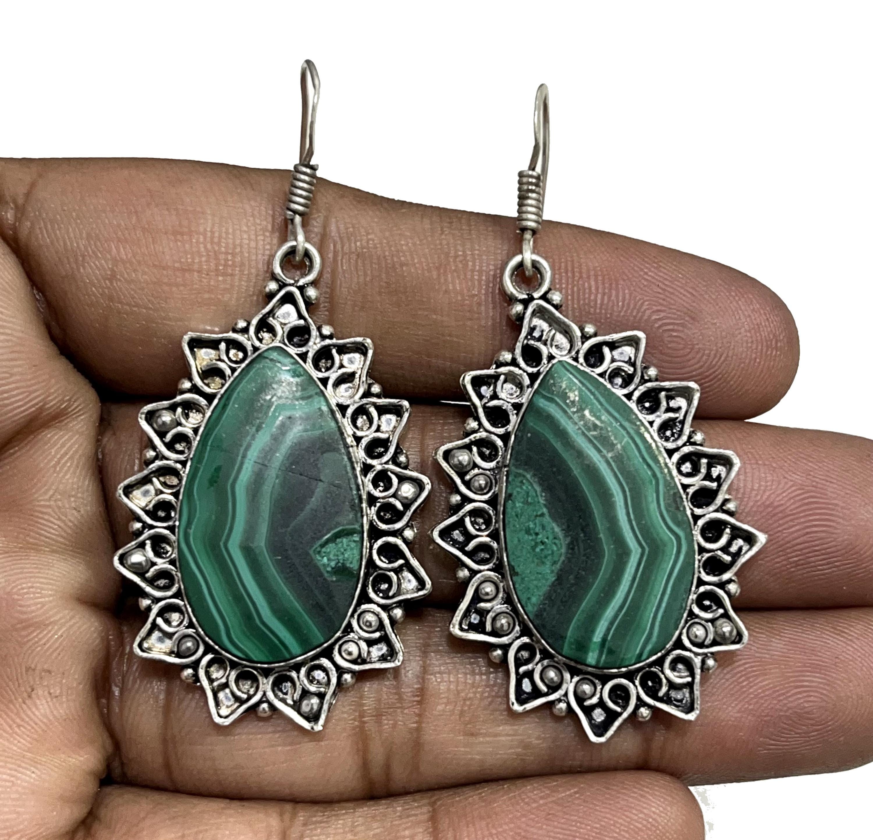 Orecchini a goccia in malachite, argento sterling 925, pietra preziosa verde - Italia