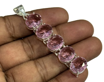 Faceted Pink Kunzite 925 Sterling Silver Pendant - Bohemian Jewelry