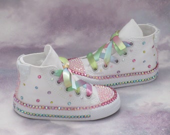 Baby Toddler Girls Custom Crystal Unicorn Theme Converse, Flower Girl Converse, Girls Party Shoes.