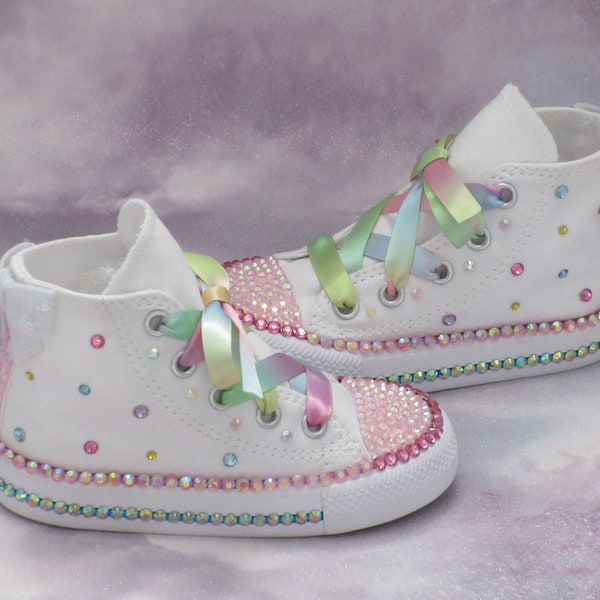 Baby Toddler Girls Custom Crystal Unicorn Theme Converse, Flower Girl Converse, Girls Party Shoes.