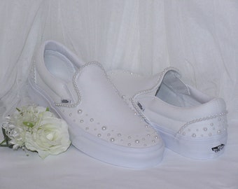 Custom Wedding Slip On Vans, White Pearl Bridal Vans, Wedding Sneakers.