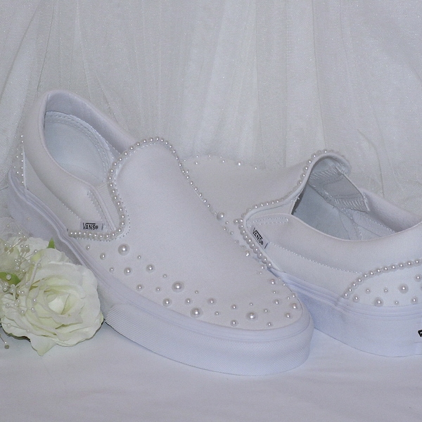 Custom Wedding Slip On Vans, White Pearl Bridal Vans, Wedding Sneakers.