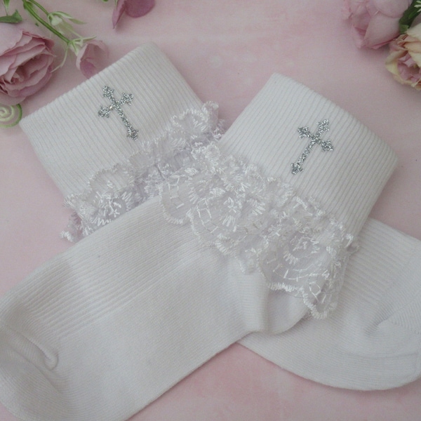 Communion Printed Frilly Ankle Socks, Sneaker Socks.