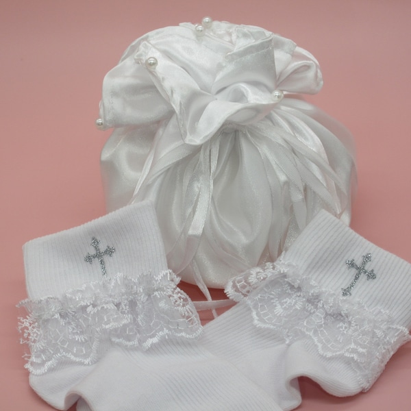 Communion Socks And Pearl Drawstring Dolly Bag Set.