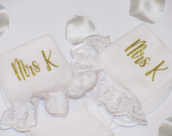 Bride Frilly Socks, Wedding Trainer Sneaker Socks, "Mrs" Personalised Wedding Socks.