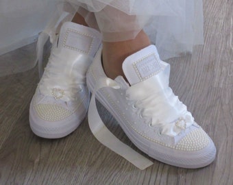 Wedding Bridal Custom Ivory Pearl Converse- Bride Sneakers- Bling Converse.