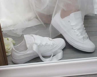 Custom White Pearl Wedding Converse: Bridal Sneakers with Satin Ribbon