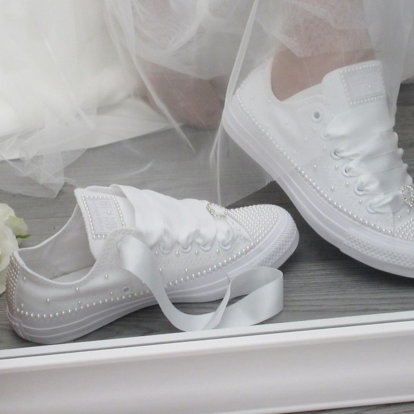 Wedding Bridal Custom White Pearl Converse, Bride Sneakers, Converse For Brides, Wedding Trainers.