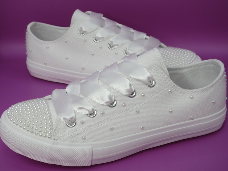 White / Ivory Pearl Wedding Flower Girl Shoes, First Communion Shoes, Girls Trainers. image 4