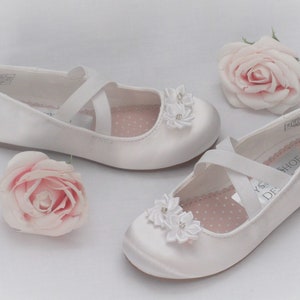 Custom White Satin Flower Girl, Bridesmaid Shoes, Communion Shoes, Girls Party Occasion Shoes.