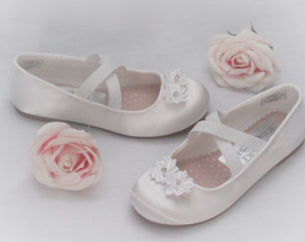 Custom White Satin Flower Girl, Bridesmaid Shoes, Communion Shoes, Girls Party Occasion Shoes.