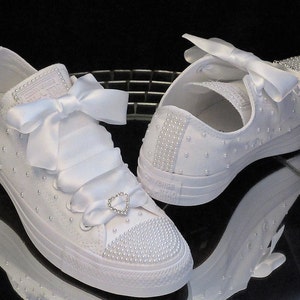 Wedding Bride Custom Converse / White Pearl Converse / Custom Bling Sneakers.