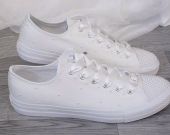 Wedding Canvas Trainers for Bride, Pearl wedding Trainers, Wedding Sneakers, Affordable Wedding Trainers, Vegan Shoes.