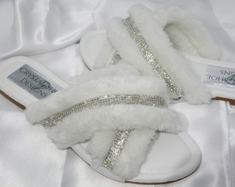 Bride Bridesmaid fluffy Slippers, Bling Diamante Slippers, Bride Gift, Honeymoon, Sleepover Slippers.