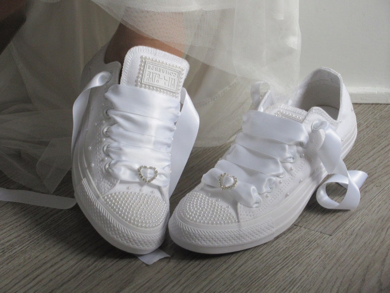 Bridal Wedding Custom White Pearl Converse Wedding Sneakers Bride Converse image 5