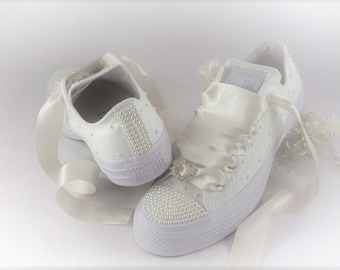Wedding Bridal Custom Ivory Pearl Converse - Custom Bling Sneakers Trainers