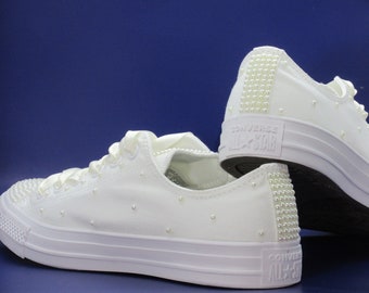 Wedding Bridal Custom Ivory Pearl Converse - Custom Bling Sneakers Trainers