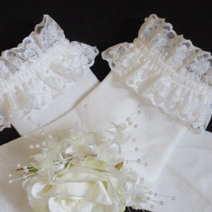 Bridal Ivory Lace Frilly Socks: Hand-Embellished Pearl Wedding Ankle Socks (UK 3-8)