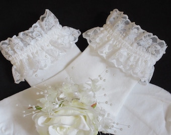 Bridal Ivory Lace Frilly Socks: Hand-Embellished Pearl Wedding Ankle Socks (UK 3-8)