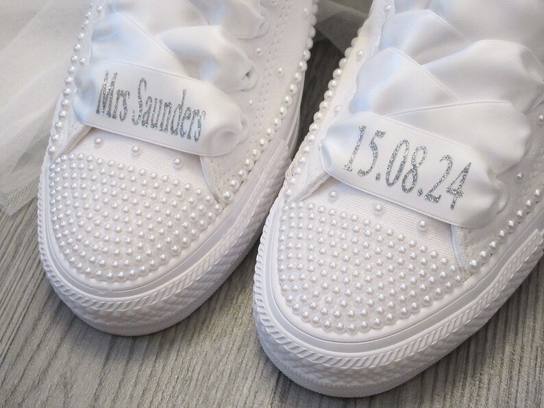 Personalised Wedding Trainer Laces, Wedding Converse Personalised Laces, Lo Top / Hi Top Ribbon laces,Bride Trainer Laces. image 1