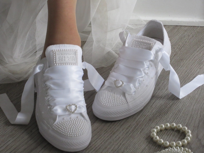 Bridal Wedding Custom White Pearl Converse Wedding Sneakers Bride Converse image 3