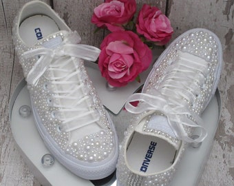 Luxury Wedding Bridal Converse - Crystals + White + Ivory Pearl Embellished - Other Options -  Custom Bling Sneakers Trainers