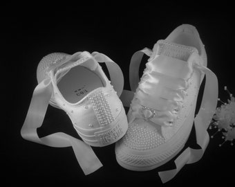 Wedding Bridal Custom White Pearl Converse - Bride Sneakers-Bling Converse.