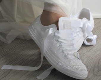 Bridal Wedding Custom White Pearl Converse- Wedding Sneakers- Bride Converse