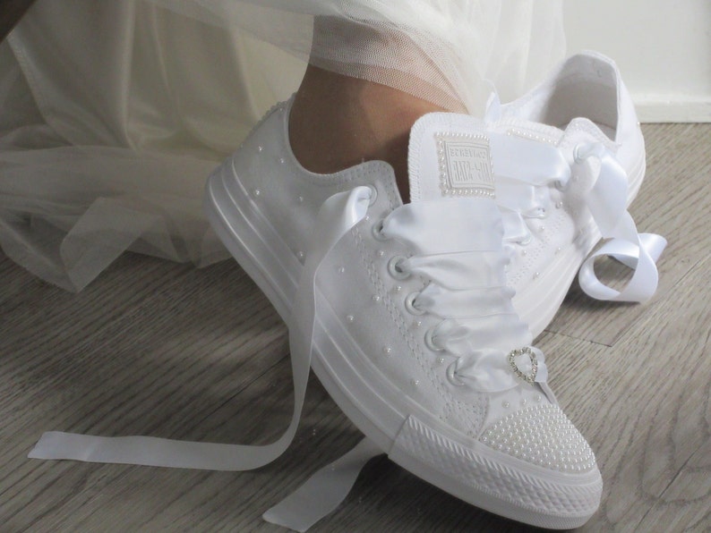 Bridal Wedding Custom White Pearl Converse Wedding Sneakers Bride Converse image 1