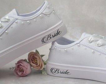 Custom Pearl Detail Bride Wedding Trainers, Wedding Trainers For Brides, Standard/Wide Fit Wedding Trainers, Vegan Shoes