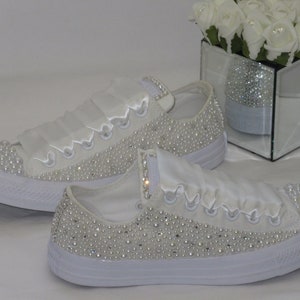 Luxury Wedding Bridal Converse - Crystals + White + Ivory Pearl Embellished - Custom Bling Sneakers Trainers