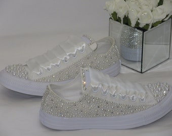 Luxury Wedding Bridal Converse - Crystals + White + Ivory Pearl Embellished - Custom Bling Sneakers Trainers