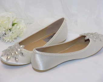 Custom Crystal And Pearl Bridal Flats, Flat Shoes For Bride, Wedding Shoes. White or Ivory.