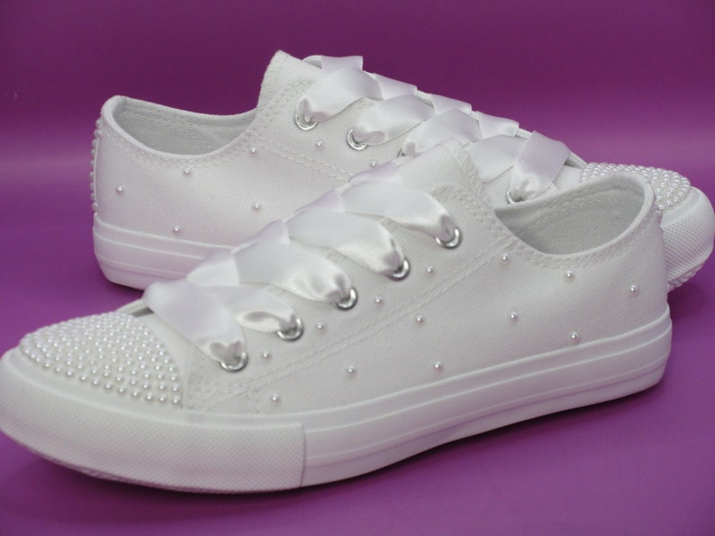 White / Ivory Pearl Wedding Flower Girl Shoes, First Communion Shoes, Girls Trainers. image 1