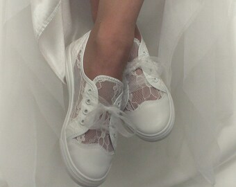 Custom Wedding Bridal Lace And Pearl Sneakers, Wedding Shoes for Bride.