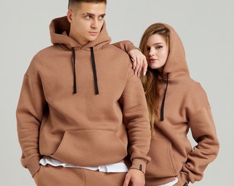 Chándales de pareja marrones, conjuntos de sudadera con capucha unosex, look familiar, chándales de primavera, regalo de aniversario de pareja