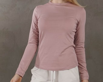 Camiseta de manga larga en polvo, camiseta de algodón rosa, camisa de manga larga de mujer