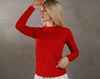 Red long sleeve t-shirt, women cotton tee, red ladies shirt