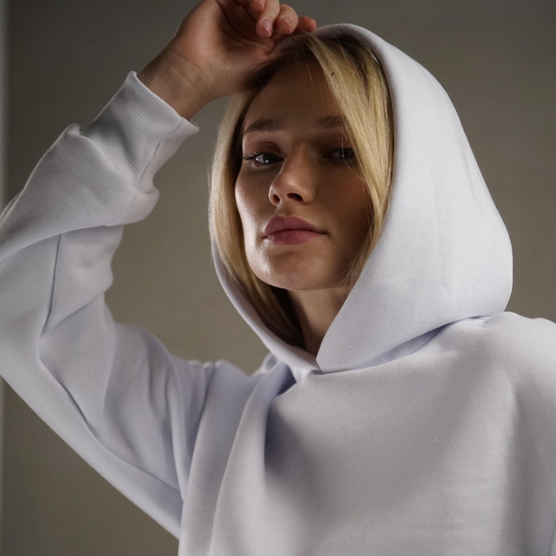 White woman oversized hoodie, ladies hoodie, winter autumn hoodie, white hooded sweatshirt image 9