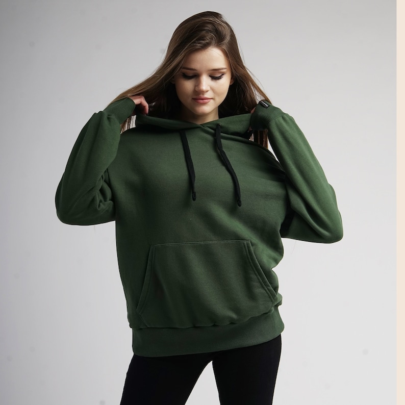 Dark green women hoodie, oversized hooded sweatshirt image 1