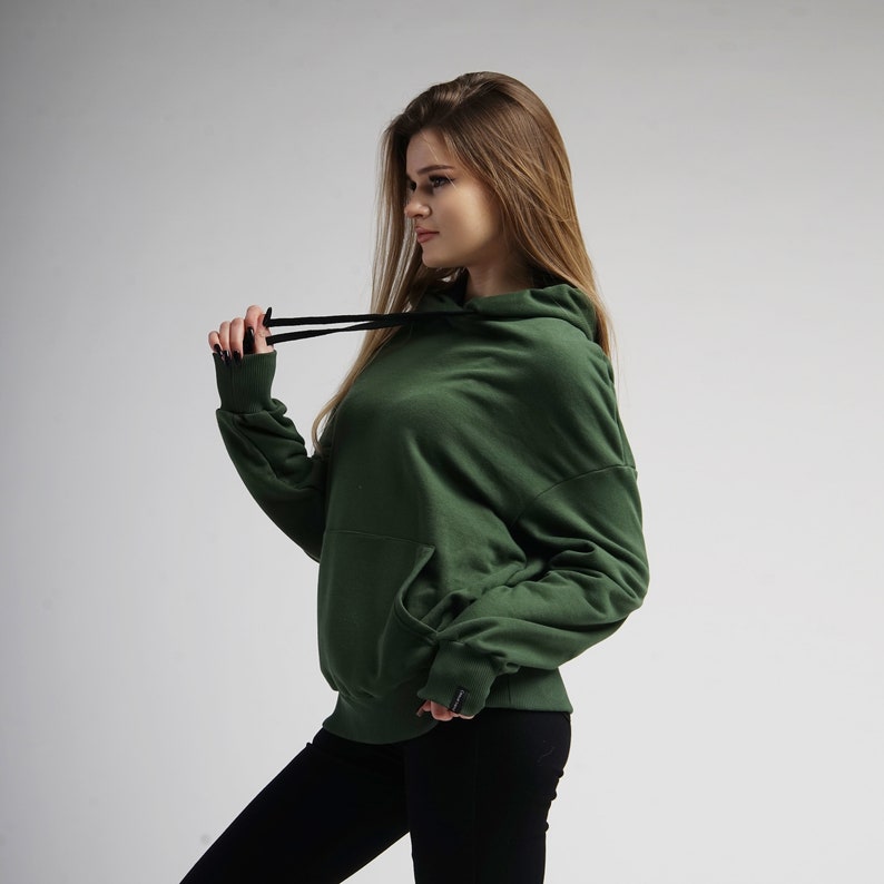 Dark green women hoodie, oversized hooded sweatshirt image 4