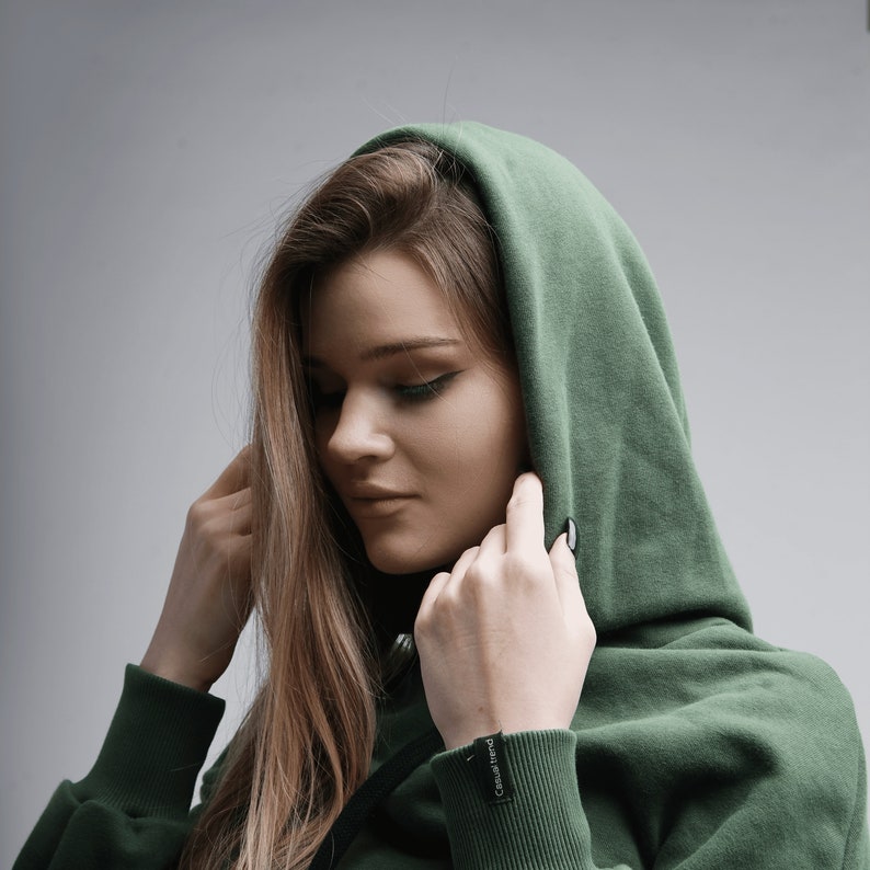 Dark green women hoodie, oversized hooded sweatshirt image 7