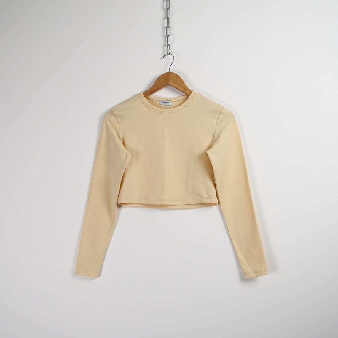 Women Beige Top Cotton Long Sleeve Crop Top Beige Cropped Etsy